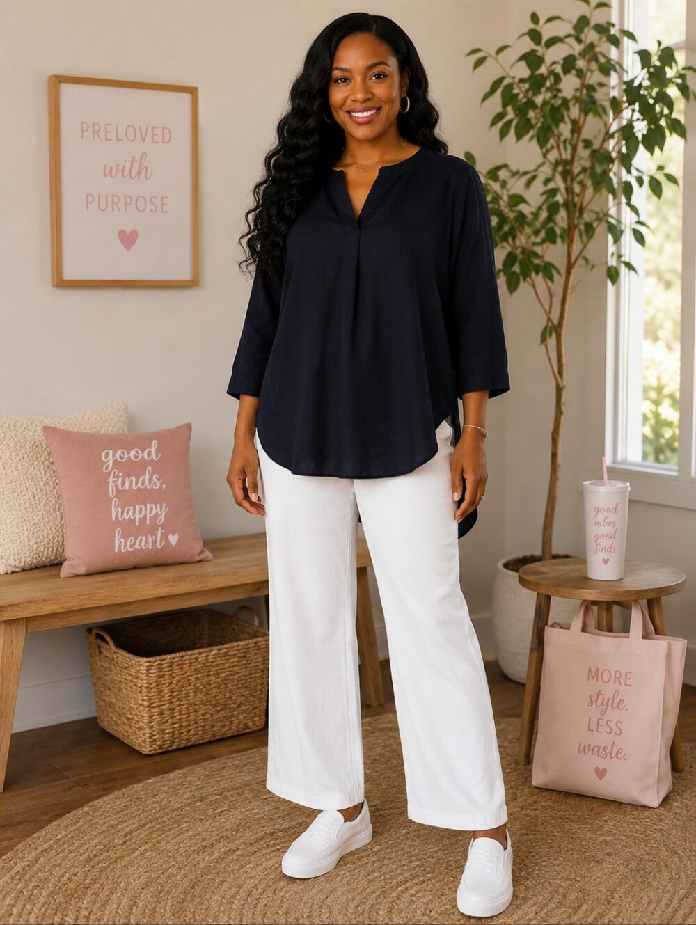 Uniqlo Navy 3/4 Sleeve Popover Blouse | Size Large